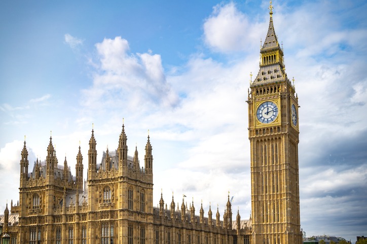 Low angle of aged building of famous Big Ben against clock tower located on street of London against blue sky background